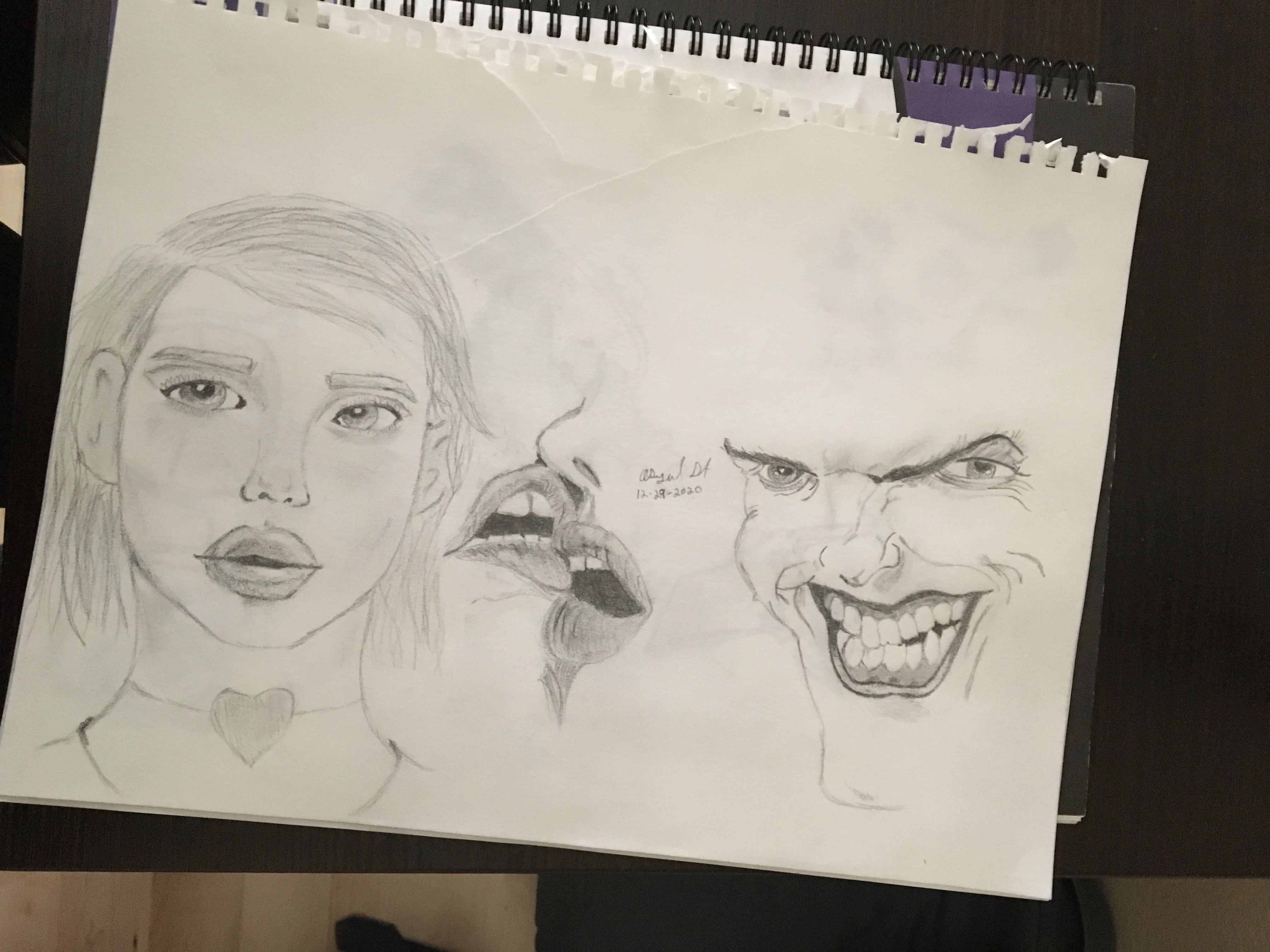 Three pencil drawings on a piece of paper of a girl, the joker, and lips